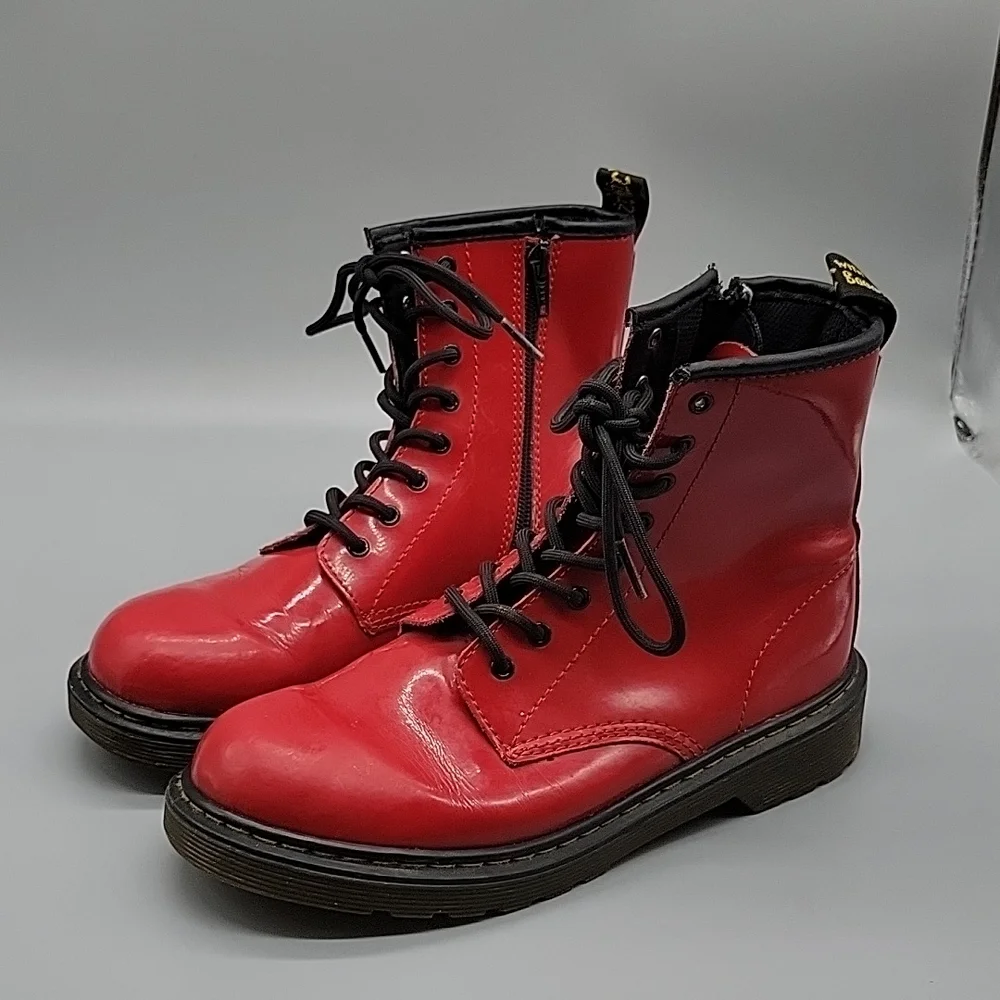 Doc Martens Red Patent Leather Boots Combat Boots - Picture 3 of 11